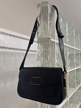 Black Leather Crossbody Bag with Gold Buckle